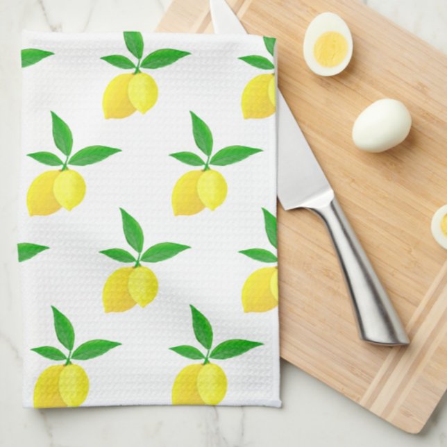 Gula citroner Gröna blad Vit bakgrund Kökshandduk (Lemony kitchen towels,)