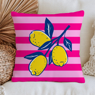 Gula citroner på rosa ränder Retro citrusfrukt Kudde