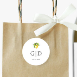 Gula citronmonogram rund dekal för bröllop runt klistermärke