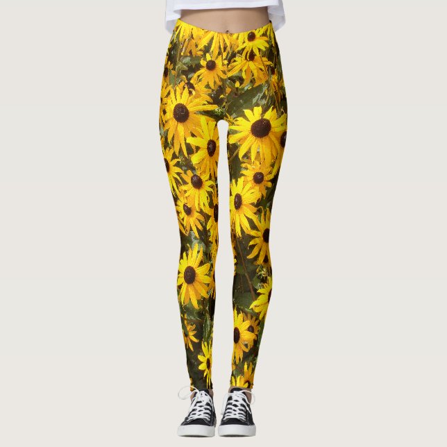 Gula Coneflower blommar All över tryckdamasker Leggings (Framsida)