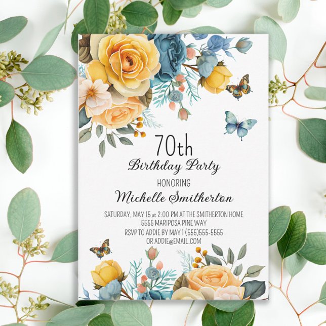 Gula dammiga blå rosor fjärilar 70-årsdag inbjudningar (Mustard yellow and dusty blue watercolor floral and butterflies women's 70th birthday party invite)