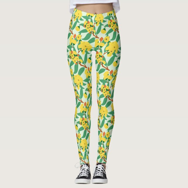 Gula eukalyptusträd blommor leggings (Framsida)