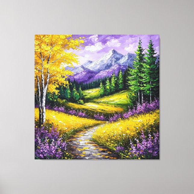 Gula fält, blommor, snötäckta berg canvastryck (Framsida)