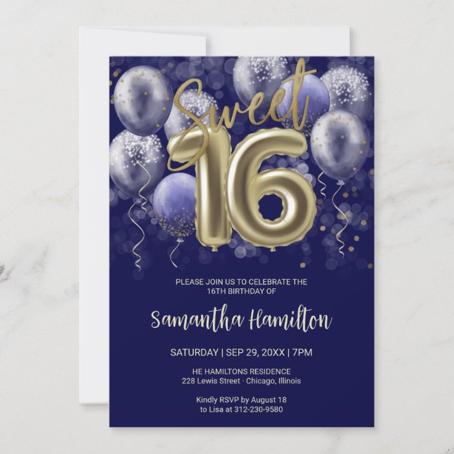 Gula fjällröta 16-dagarsballonger Party Royal Blue Inbjudningar (Framsida)