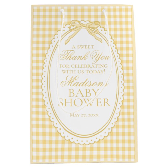 Gula Gingham Coquette Bow Baby Shower Fördelar (Framsidan)