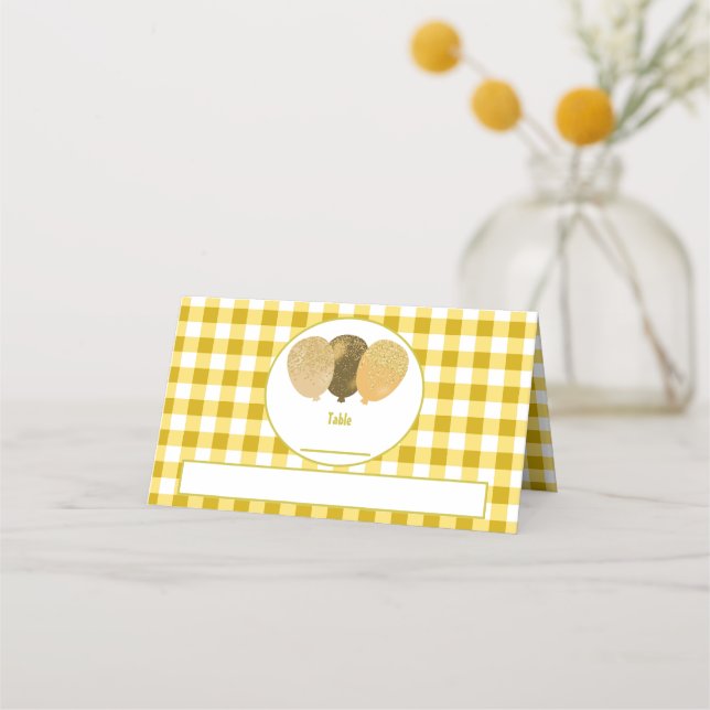 Gula Gingham Glitterballonger Vikta Bordsskyltar  Placeringskort (Framsida)