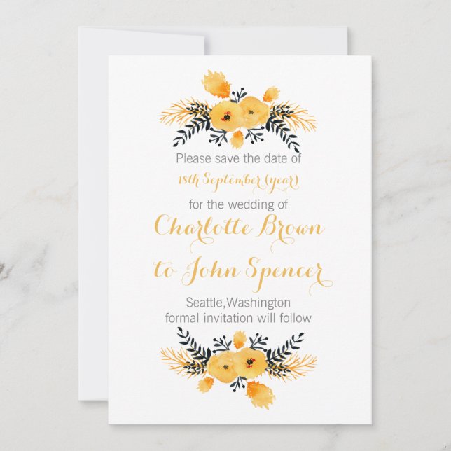 gula grå akvarell blomster save the dates spara datumet (Framsida)