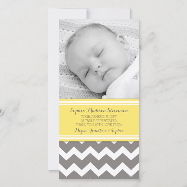 Gula gråa kort för tackbaby showerfoto (Framsida)