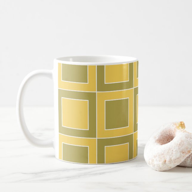Gula Gröna Fyrkanter Geometriskt Mönster Kaffemugg (Med munk)
