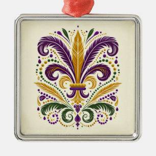 Gula, gröna lila fleur de lis-fjädrar julgransprydnad metall