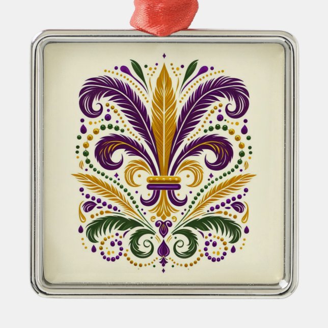 Gula, gröna lila fleur de lis-fjädrar julgransprydnad metall (Framsidan)