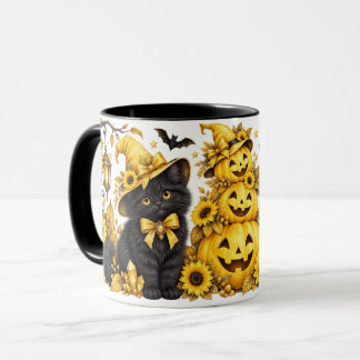 Gula Halloween Svarta Katter & Solrospumpa Mugg