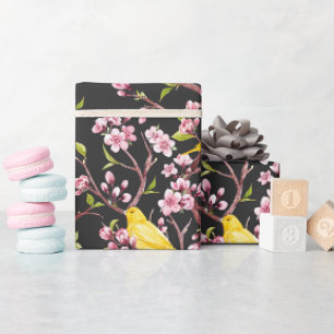 Gula kanariefåglar och körsbärsblommor inslagning presentpapper