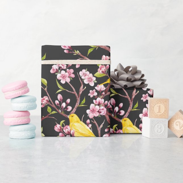 Gula kanariefåglar och körsbärsblommor  inslagning presentpapper (Baby Shower)