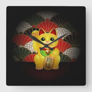 Gula keramiska Maneki Neko Fyrkantig Klocka