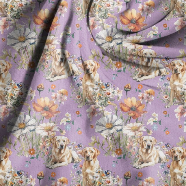 Gula Labrador Hundar och Vilda Blommor Mönster Tyg (Skapare uppladdad)