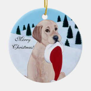 Gula Labrador med den Santa hattsnowflaken Julgransprydnad Keramik