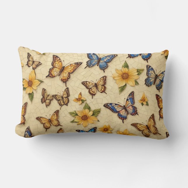 Gula mosaikfjärilar och blommor lumbarkudde (Framsida)