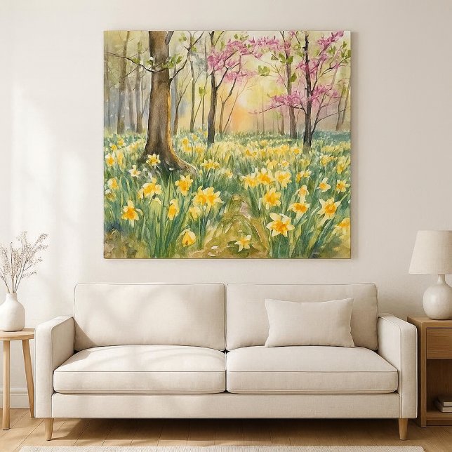 Gula Narcisser i Vårskogs Akvarell Canvastryck (Airy spring forest watercolor featuring daffodils and redbud blooms, perfect wall art décor. )