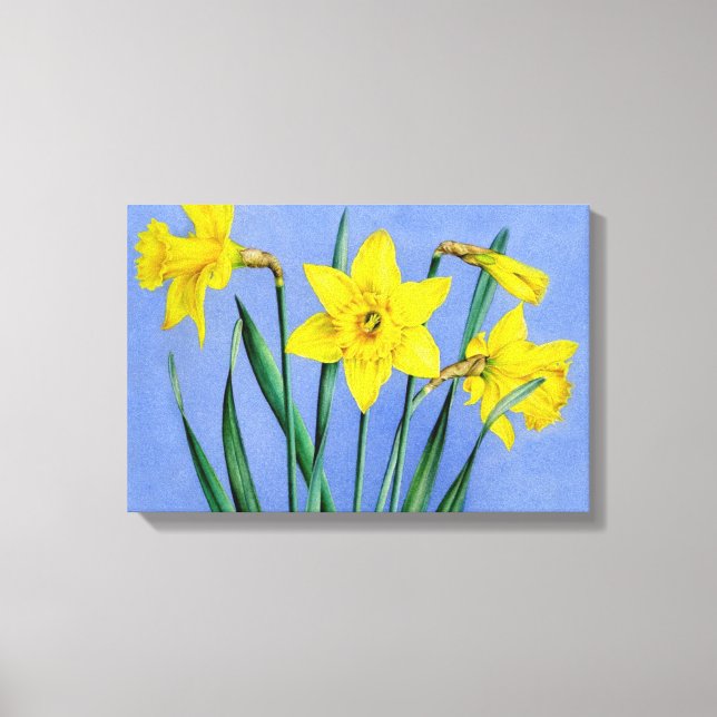 Gula narcisser på tryck av blå canvasduk (Framsida)