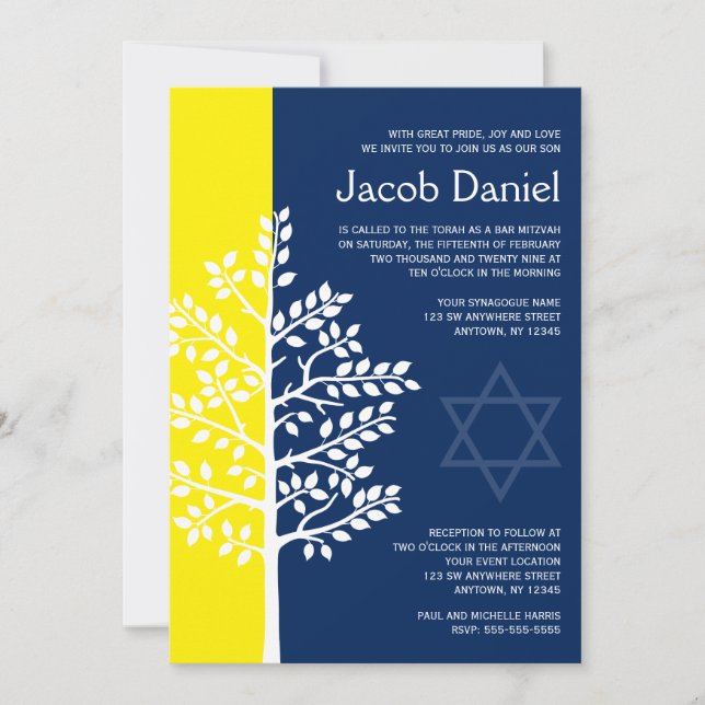 Gula Navy Träd des Livet Bar Mitzvah-inbjudningar Inbjudningar (Framsida)