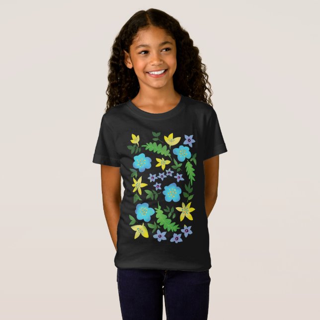 Gula och blå blommor t shirt (Hel framsida)