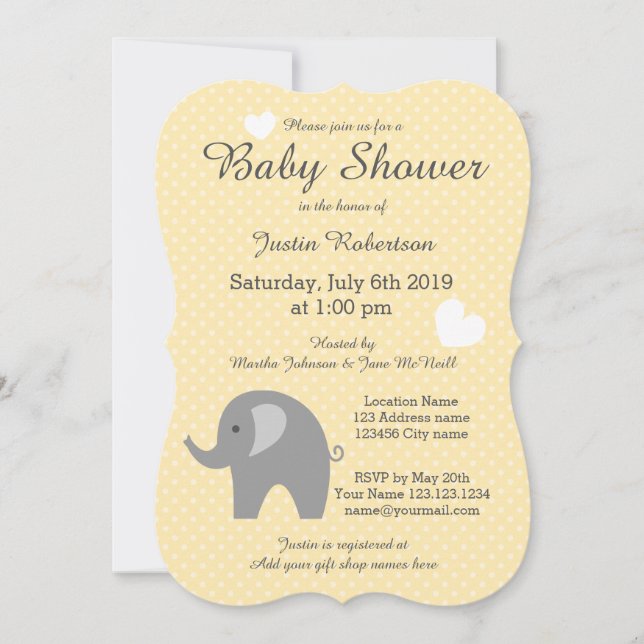 Gula och grå elefant-baby shower-inbjudningar inbjudningar (Framsida)
