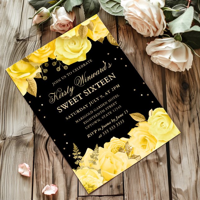 Gula och gyllene rosor Blommig Sweet 16 Inbjudningar (Skapare uppladdad)