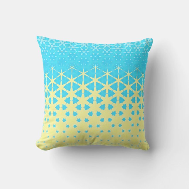Gula och himmelblå geometriska stjärnor och snöfli kudde (Framsida)