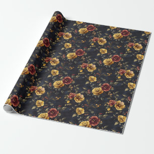Gula och mörkt rosa blommor på marinblå botten presentpapper