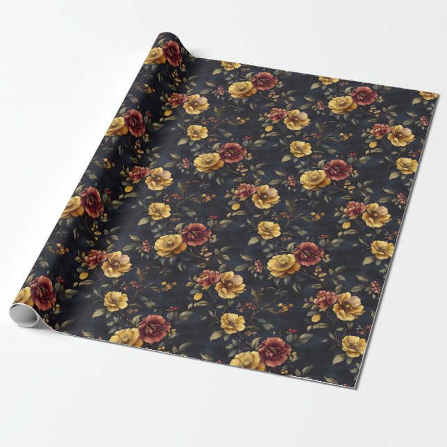 Gula och mörkt rosa blommor på marinblå botten presentpapper (Utrullad)