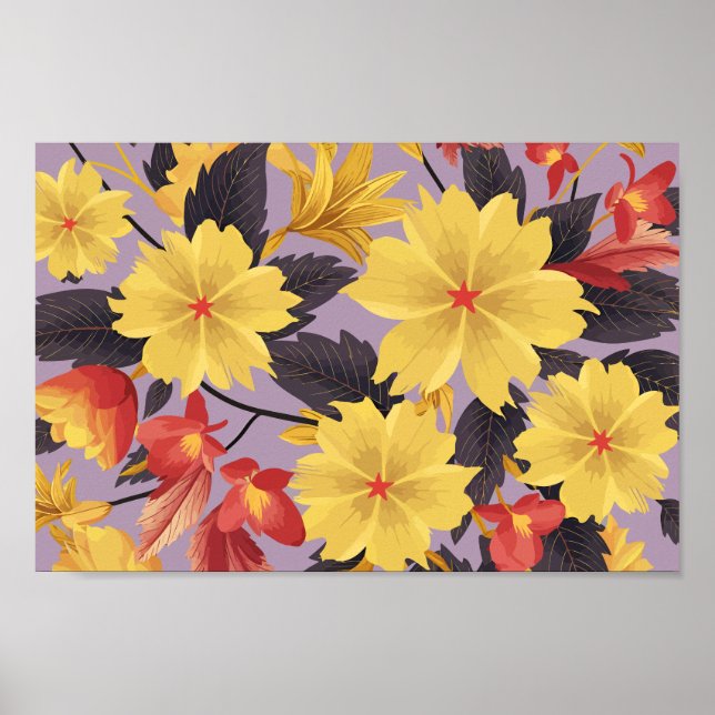 Gula och orange blommor på lavendelbakgrund poster (Framsidan)