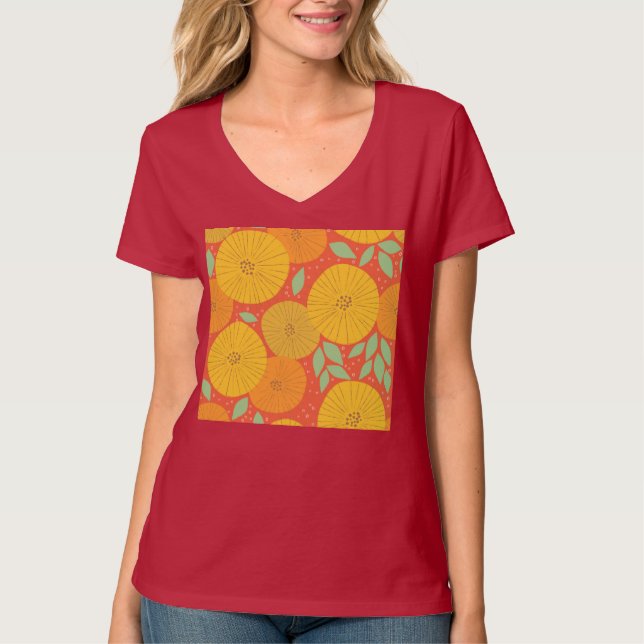 Gula Och Orange Cirkulära Blomningar T Shirt (Framsida)