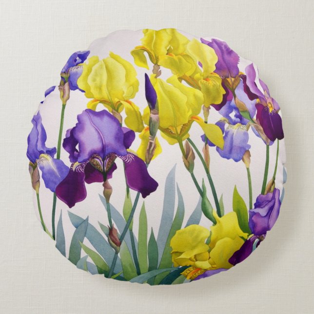 Gula och purpurfärgade Irises Rund Kudde (Framsidan)