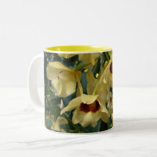 Gula och vinröda orkidéer Elegant blomster Två-Tonad Mugg