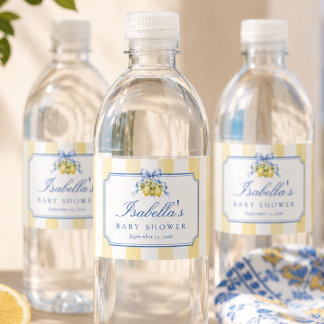 Gula och vita ränder Chic Lemon Baby Shower Vattenflaskor Etikett