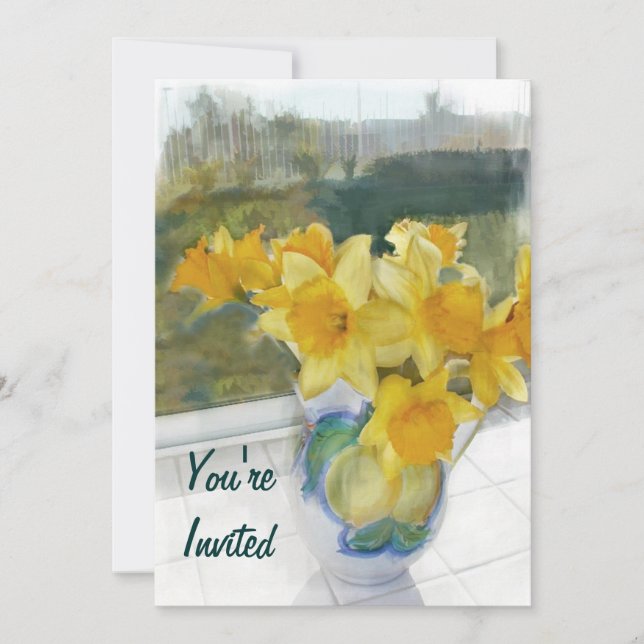 Gula påskliljar för vår i ett fönster inbjudningar (Framsida)