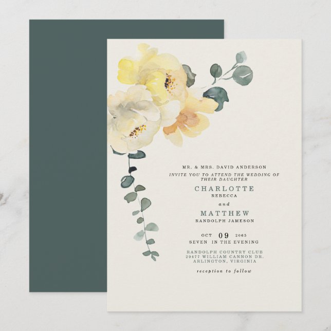 Gula Peonies Teal & Kräm Bröllop Brud Föräldrar Inbjudningar (Fram/baksida)