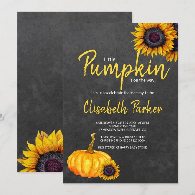 Gula Pumpa Solros Kritskrifts Baby Shower Inbjudningar (Fram/baksida)