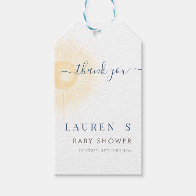 Gula Ränder Sol Neutral Baby Shower Tacksamhet Presentetikett (Framsidan)