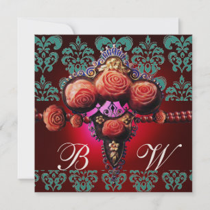 GULA RÖDA KORALL ROSOR, BLÅ SVARTA DAMAST-MONOGRAM INBJUDNINGAR
