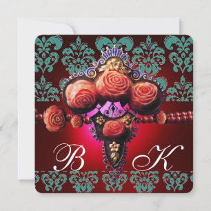 GULA RÖDA KORALL ROSOR, BLÅ SVARTA DAMAST-MONOGRAM INBJUDNINGAR