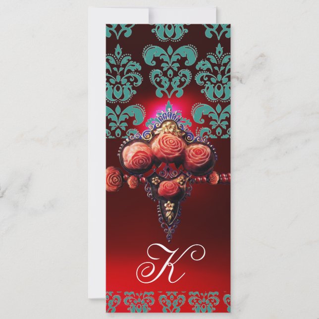 GULA RÖDA KORALL ROSOR, BLÅ SVARTA DAMAST-MONOGRAM INBJUDNINGAR (Framsida)