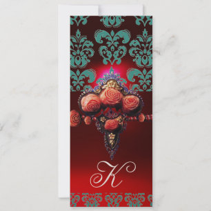 GULA RÖDA KORALL ROSOR, BLÅ SVARTA DAMAST-MONOGRAM INBJUDNINGAR