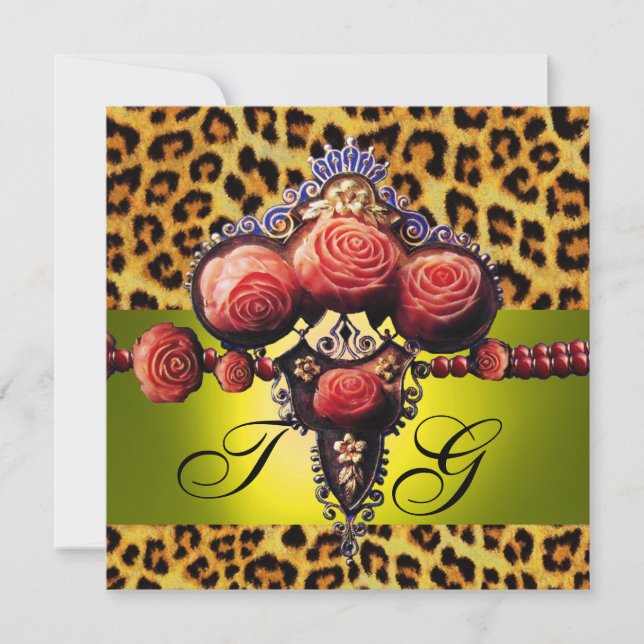 GULA  RÖDA KORALLROSOR, LEOPARDMÖNSTRAD MONOGRAM INBJUDNINGAR (Framsida)