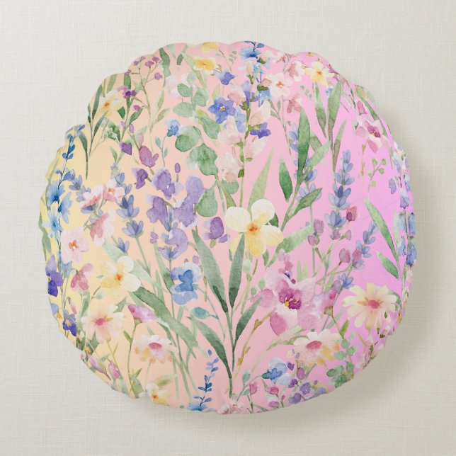 Gula Rosa Färgrika Blommor Rund Kudde (Framsidan)