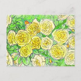 Gula rosor, gröna blad Rosenträdgård Blommig konst Vykort