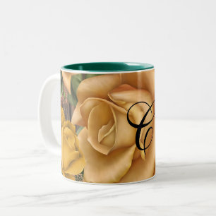 Gula rosor & lantlig rustik trä shabby chic Två-Tonad mugg