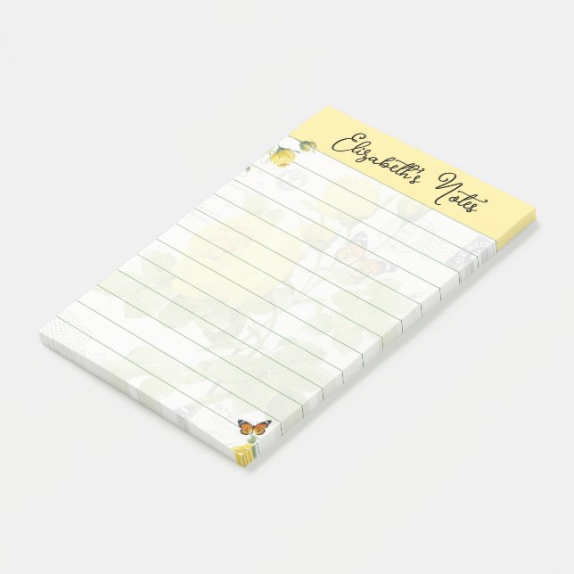 Gula rosor och fjärilar personliga post-it block (Vinklad)