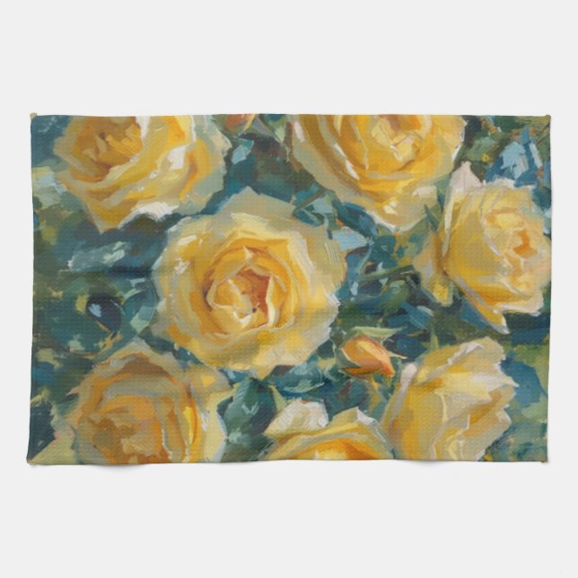 Gula rosor sommarblommor målning  kökshandduk (Horisontell)